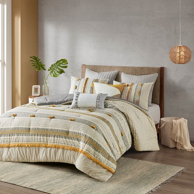 Olliix Cody 3 Piece Cotton Comforter Set Gray/Yellow