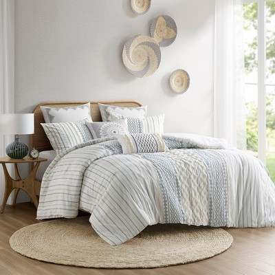 Olliix Imani Cotton Printed Comforter Set with Chenille White/Navy