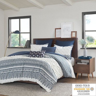 Olliix Mila 3 Piece Cotton Duvet Cover Set with Chenille Tufting Navy