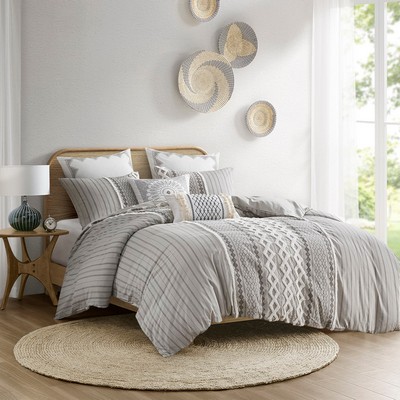 Olliix Imani Cotton Printed Duvet Cover Set with Chenille Gray