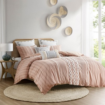 Olliix Imani Cotton Printed Duvet Cover Set with Chenille Blush