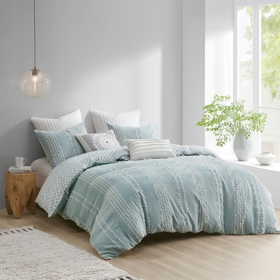 Olliix Kara 3 Piece Cotton Jacquard Duvet Cover Set Aqua