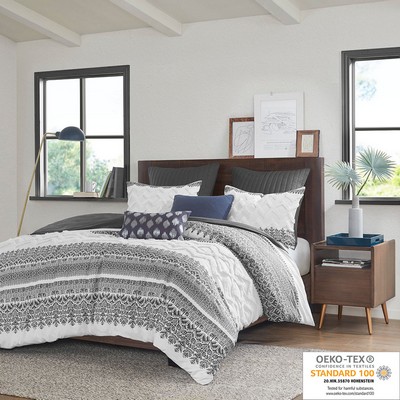 Olliix Mila 3 Piece Cotton Duvet Cover Set with Chenille Tufting Gray