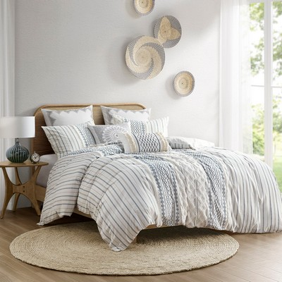 Olliix Imani Cotton Printed Duvet Cover Set with Chenille White/Navy