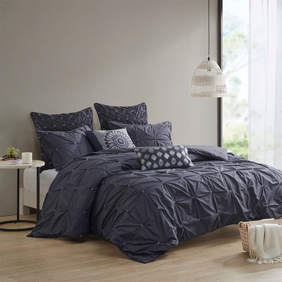 Olliix Masie 3 Piece Elastic Embroidered Cotton Duvet Cover Set Navy