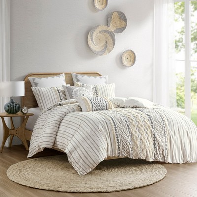 Olliix Imani Cotton Printed Duvet Cover Set with Chenille Ivory