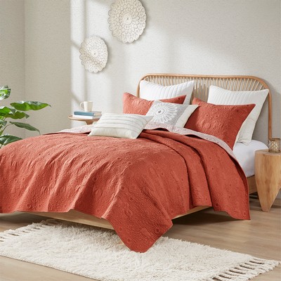 Olliix Kandula 3 Piece Reversible Cotton Quilt Set Coral