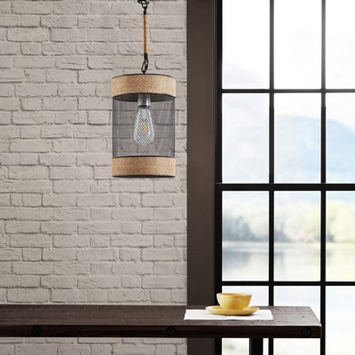 Olliix Orion Natural Rope and Metal Mesh Cylinder Pendant Natural/Black