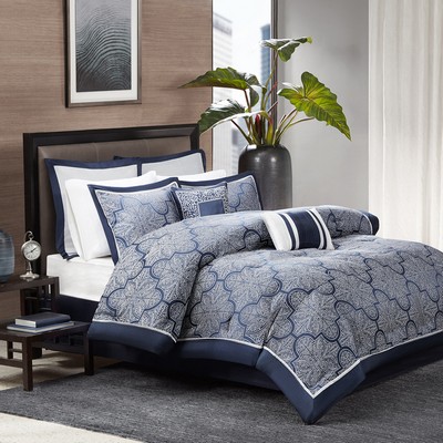 Olliix Medina 8 Piece Jacquard Comforter Set Navy