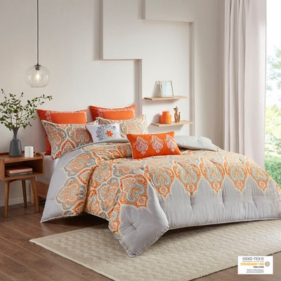 Olliix Nisha 7 Piece Printed Cotton Sateen Comforter Set Orange