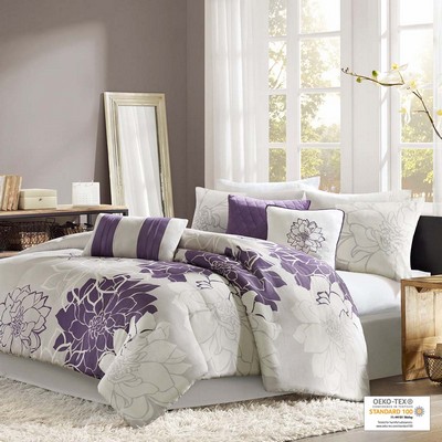 Olliix Lola Printed Cotton Sateen Comforter Set Taupe Grey/Purple