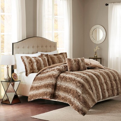 Olliix Zuri 4PC Faux Fur Comforter Set Tan