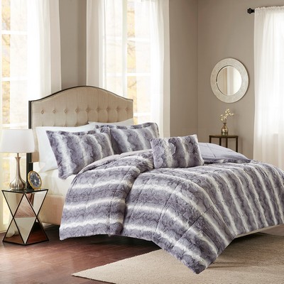 Olliix Zuri 4PC Faux Fur Comforter Set Grey