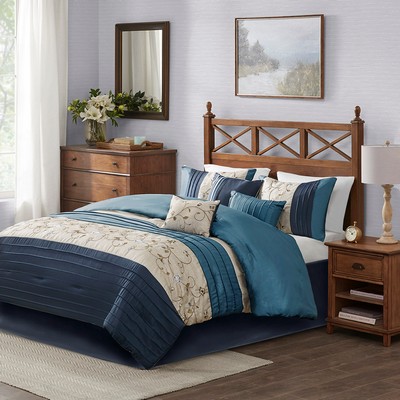 Olliix Serene Embroidered 7 Piece Comforter Set Navy