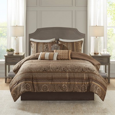 Olliix Bellagio 7 Piece Jacquard Comforter Set Brown/Gold