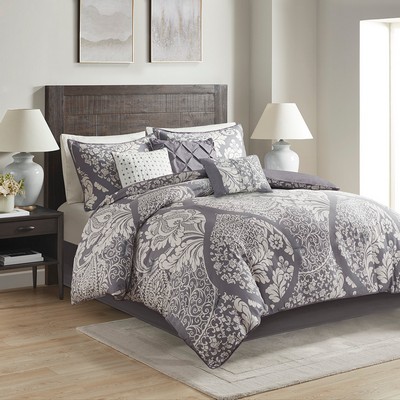 Olliix Vienna 7 Piece Cotton Printed Comforter Set Grey