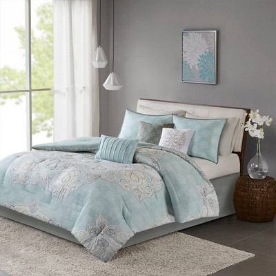 Olliix Lucinda 7 Piece Reversible Cotton Sateen Comforter Set Seafoam