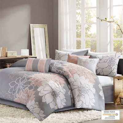 Olliix Lola Printed Cotton Sateen Comforter Set Grey/Peach