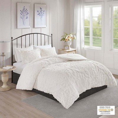 Olliix Viola 3 Piece Tufted Cotton Chenille Damask Comforter Set Off-White