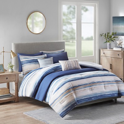 Olliix Marina 8 Piece Printed Seersucker Comforter and Quilt Set Collection Blue