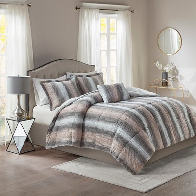 Olliix Zuri 4PC Faux Fur Comforter Set Blush/Grey