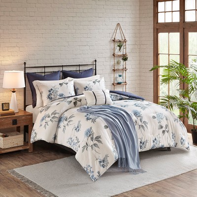 Olliix Zennia 7 Piece Printed Seersucker Comforter Set with Throw Blanket Blue