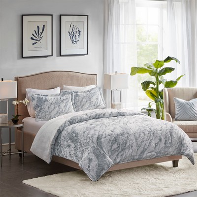 Olliix Lana Marble Faux Fur Comforter Set Grey/Blue