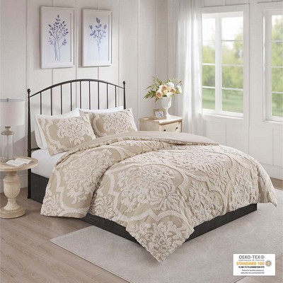 Olliix Viola 3 piece Tufted Cotton Chenille Damask Comforter Set Taupe