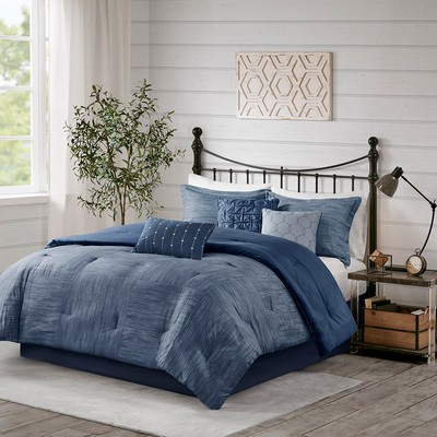 Olliix Walter 7 Piece Printed Seersucker Comforter Set Navy