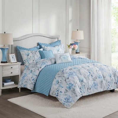 Olliix Pema 8 Piece Printed Seersucker Comforter and Quilt Set Collection Blue