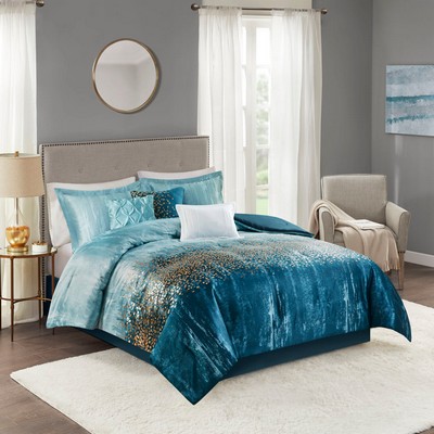 Olliix Midnight Garden 7 Piece Metallic Print Comforter Set Navy