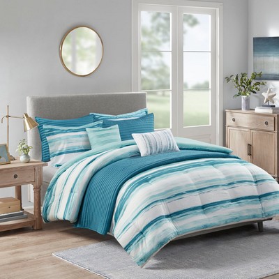 Olliix Marina 8 Piece Printed Seersucker Comforter and Quilt Set Collection Aqua