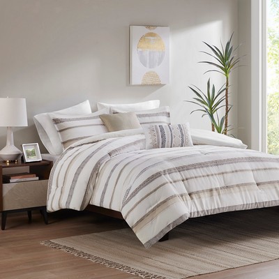 Olliix Langley 5 Piece Clipped Jacquard  Comforter Set Neutral