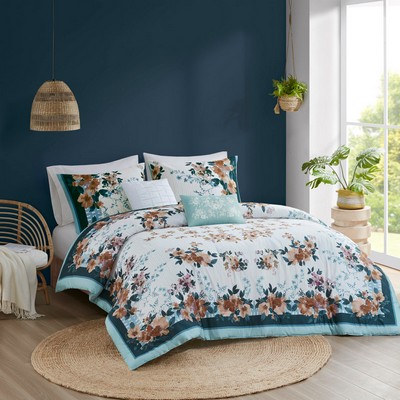 Olliix Jules 5 Piece Cotton Floral Comforter Set with Throw Pillows Teal