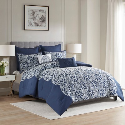 Olliix Rana 7 Piece Flocking Comforter Set with Euro Shams and Throw Pillows Navy