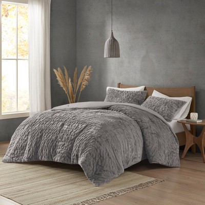 Olliix Blair Ruched Fur Down Alternative Comforter Set Grey