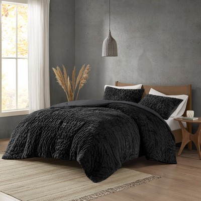 Olliix Blair Ruched Fur Down Alternative Comforter Set Black