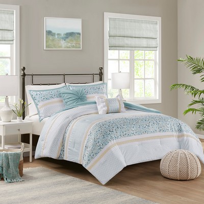 Olliix Caralie 5 Piece Seersucker Comforter Set with Throw Pillows Aqua