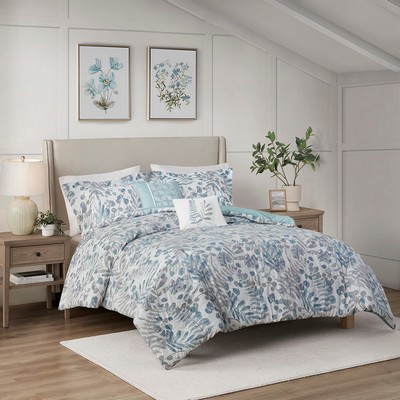 Olliix Bonnie 5 Piece Botanical Floral Seersucker Comforter Set Blue