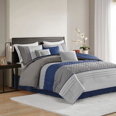 Olliix Greer 7 Piece Color Block Stripe Comforter Set with Throw Pillows Blue