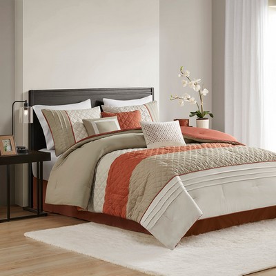 Olliix Greer 7 Piece Color Block Stripe Comforter Set with Throw Pillows Spice