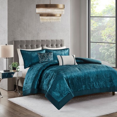 Olliix Lee 5 Piece Crinkle Velvet Comforter Set Teal