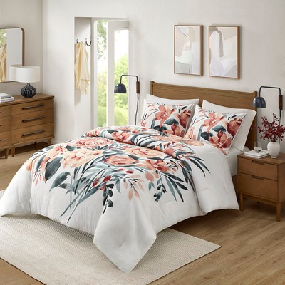 Olliix Dahlia 3 Piece Floral Cotton Comforter Set Peach/Off-White