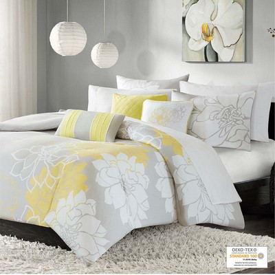 Olliix Lola 6 Piece Printed Duvet Cover Set Taupe Grey/Yellow