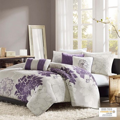 Olliix Lola 6 Piece Printed Duvet Cover Set Taupe Grey/Purple