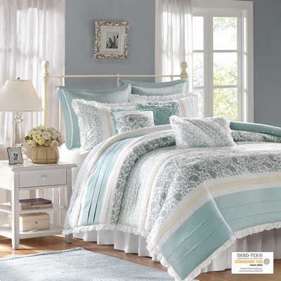 Olliix Dawn 9 Piece Cotton Percale Duvet Cover Set Aqua