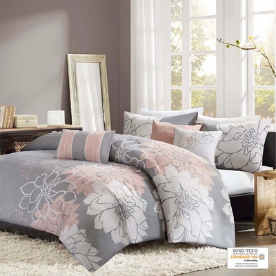 Olliix Lola 6 Piece Printed Duvet Cover Set Grey/Peach