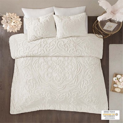 Olliix Laetitia 3-Piece Tufted Cotton Chenille Medallion Duvet Cover Set Off-White