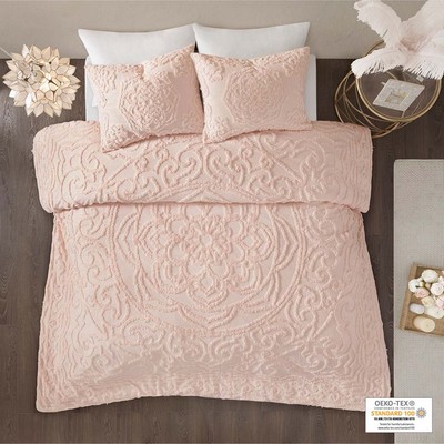 Olliix Laetitia 3-Piece Tufted Cotton Chenille Medallion Duvet Cover Set Blush