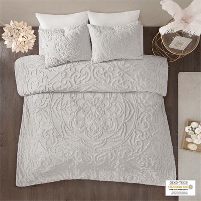 Olliix Laetitia 3-Piece Tufted Cotton Chenille Medallion Duvet Cover Set Grey